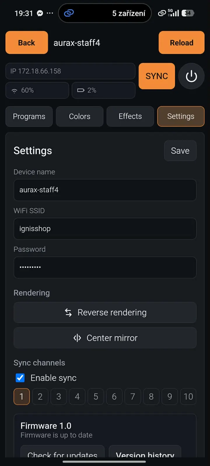 AuraX2 Settings obrazovka